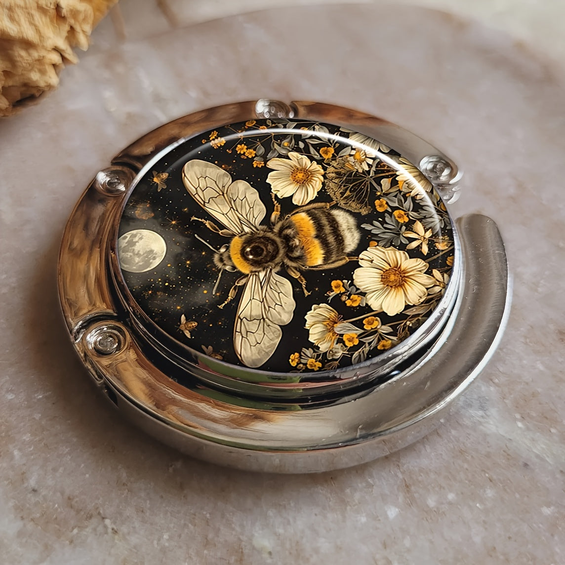 Foldable Purse Hook Holder with Vintage Zinc Alloy Bee and Floral Design Portable Handbag Hanger