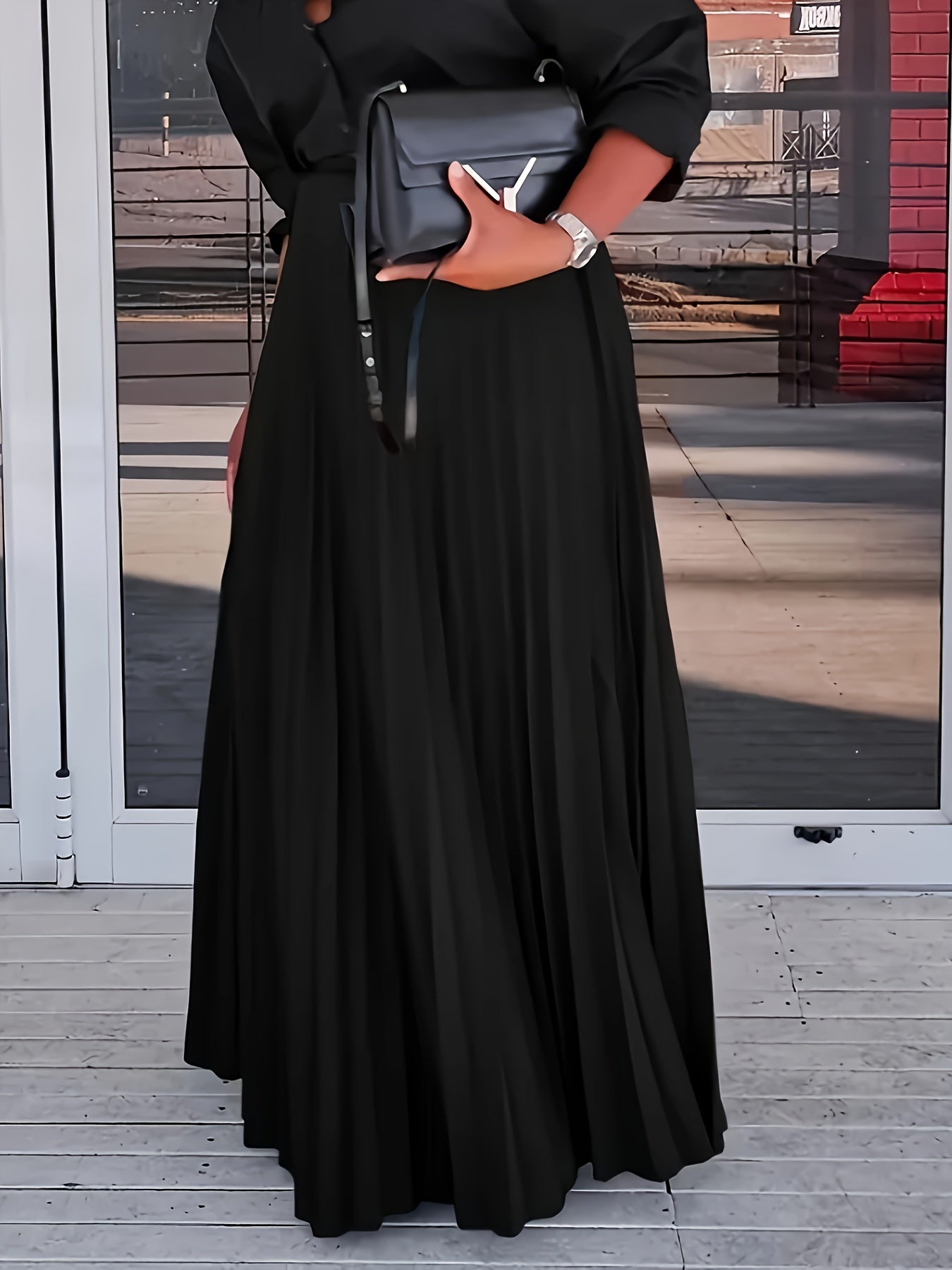 Plus Size Pleated Maxi Skirt Elastic Waist Solid Polyester Casual for Women