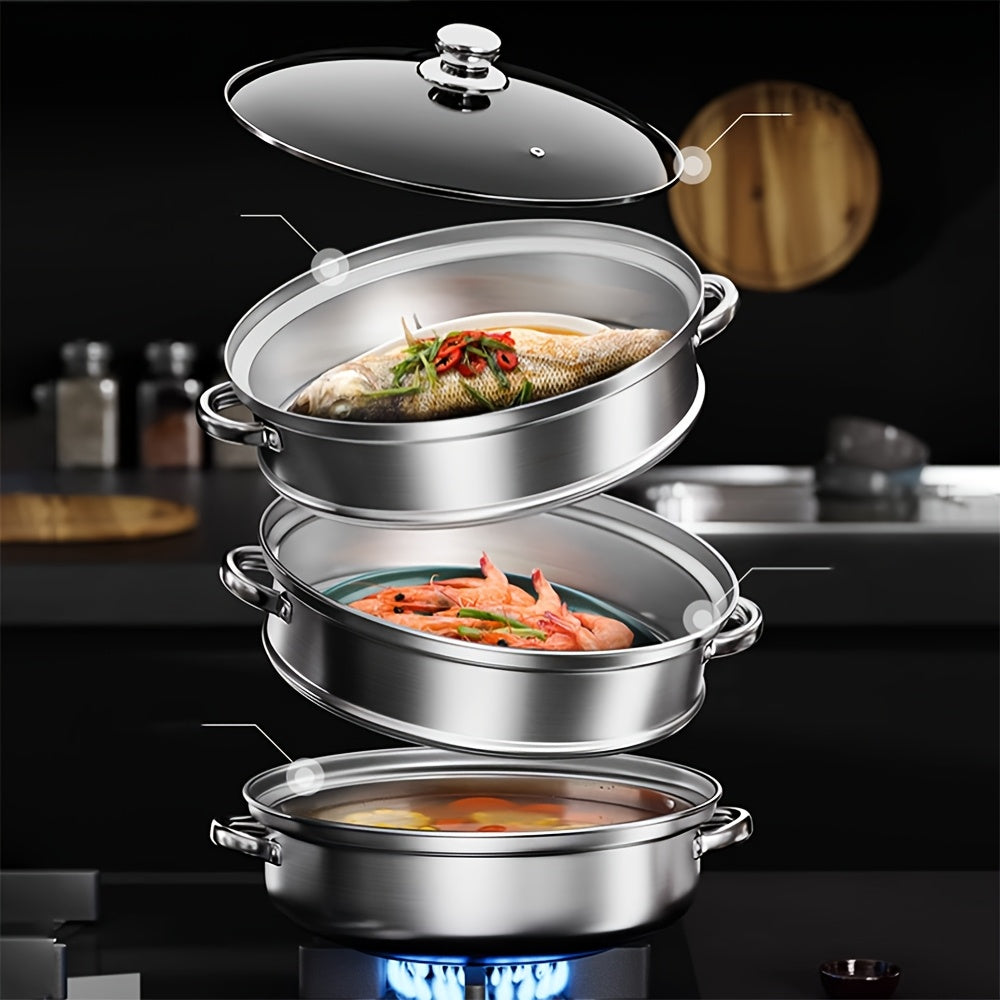 Silver Multi-Layer Stainless Steel Soup Steamer for Cooking Multiple Dishes