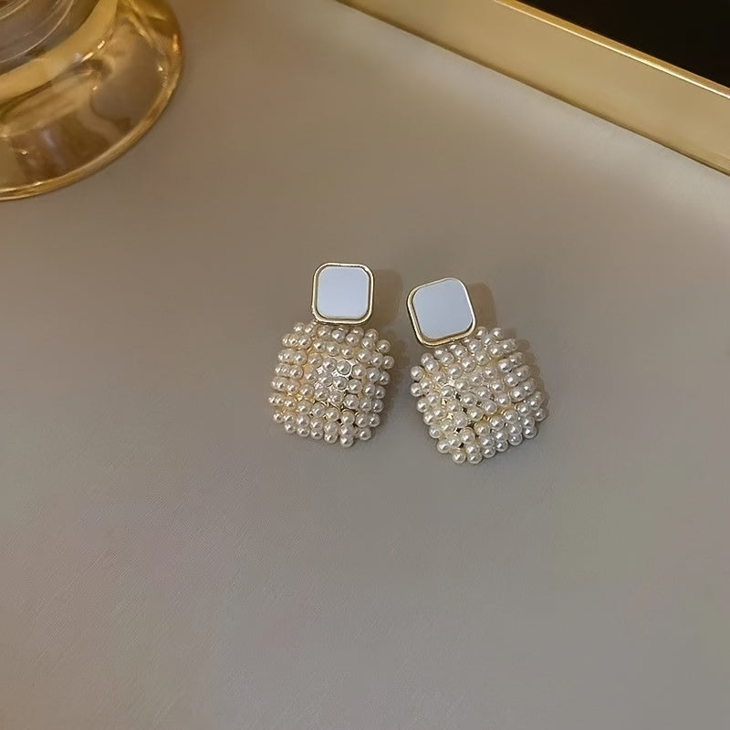 Women Pearl Drop Earrings Silver Plated Square Pendant Jewelry