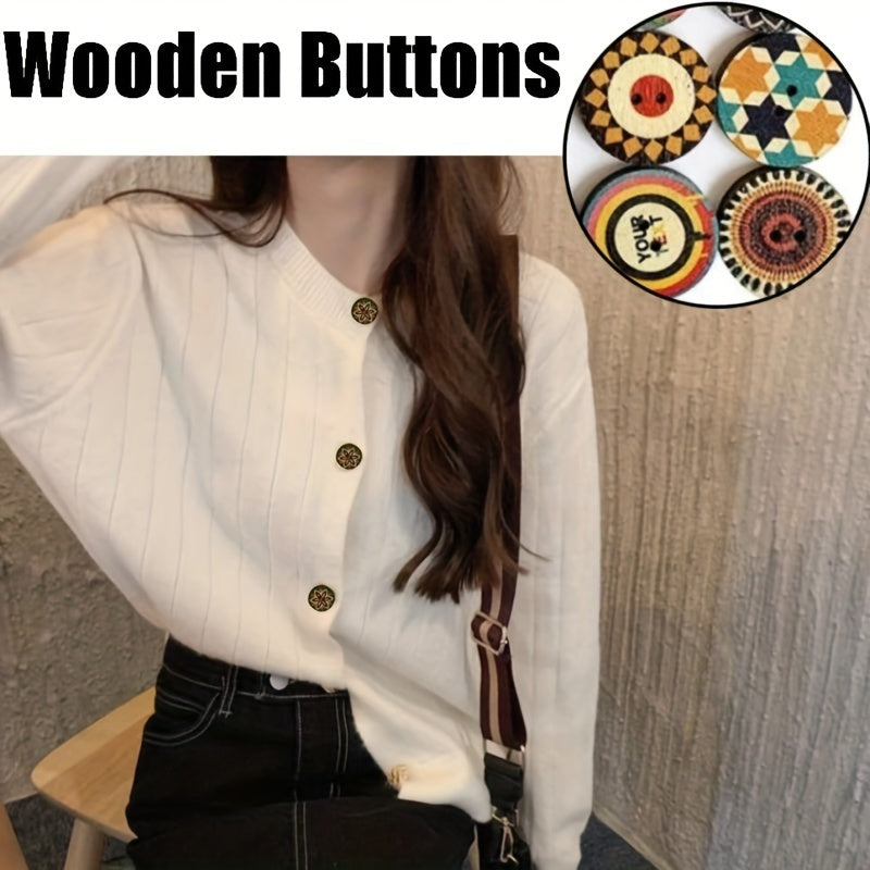 Vintage-Style Painted Wooden Buttons with 2 Holes for Crafting and Sewing