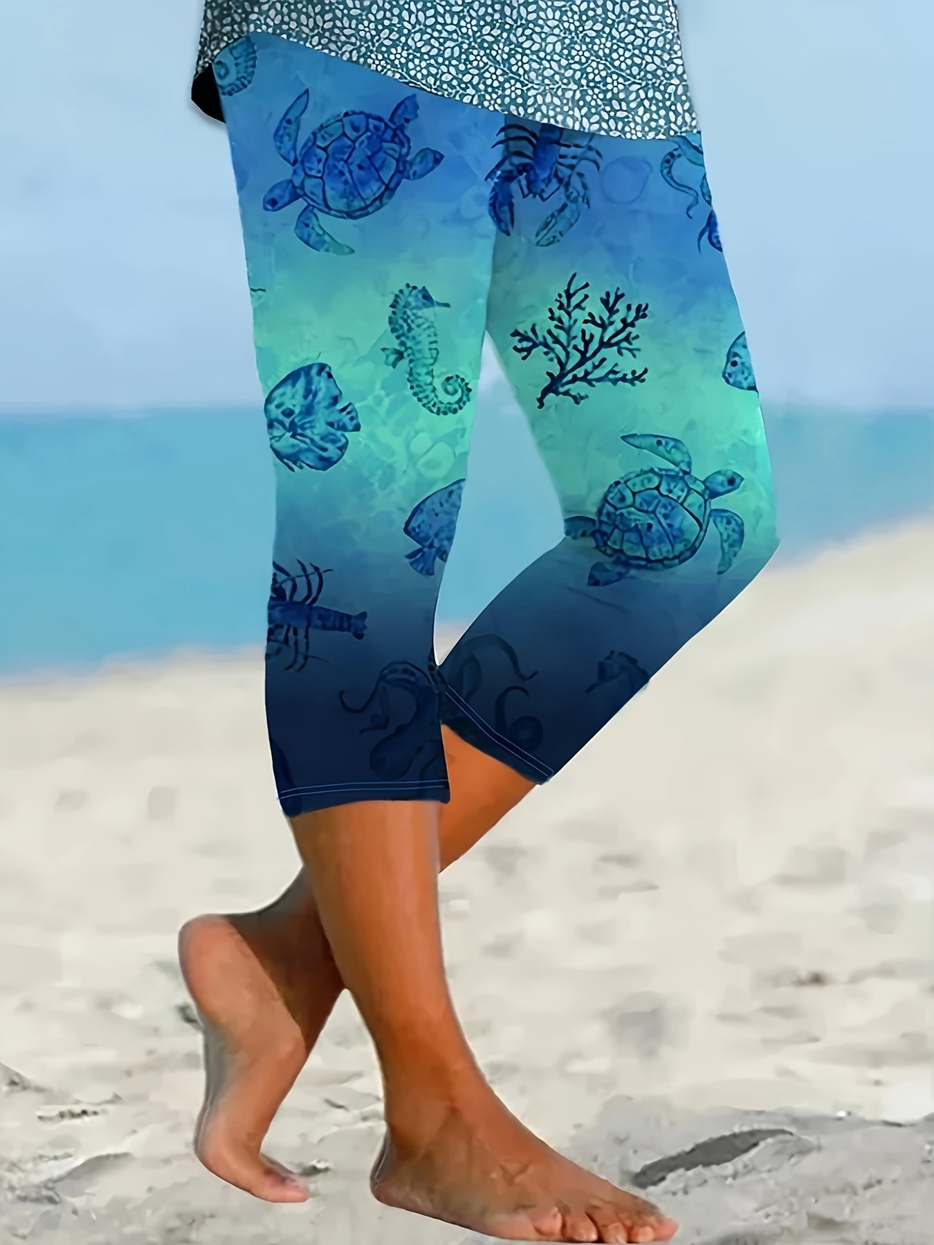 Women's Plus Size Capri Leggings with Turtle Print, Blue Green Gradient, Stretchy Fabric