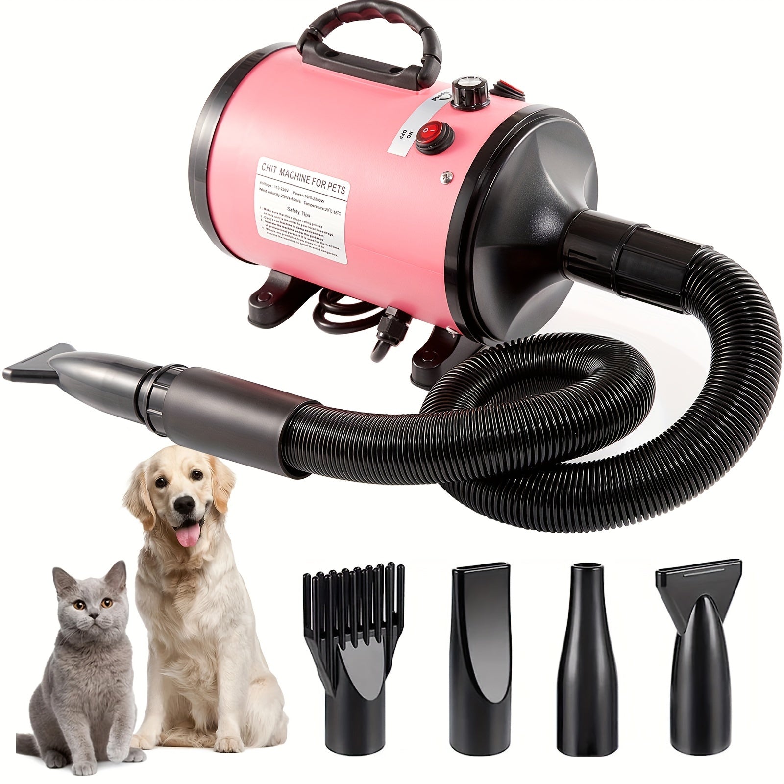 Pink High-Power Low-Noise Pet Hair Dryer for Large Dogs with Quick Drying and Adjustable Nozzles
