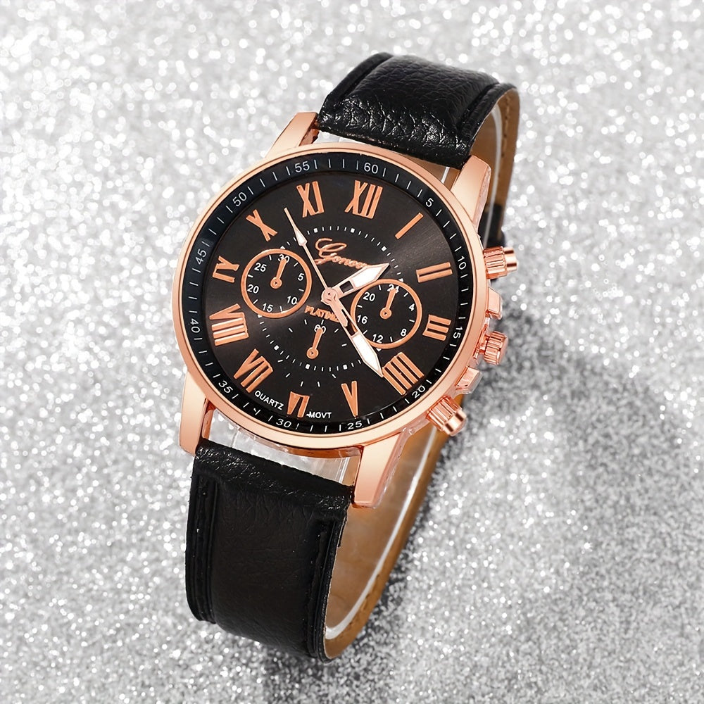 Set of 3 Women's Fashion Elegant Roman Numeral Quartz Watches Faux Leather Casual