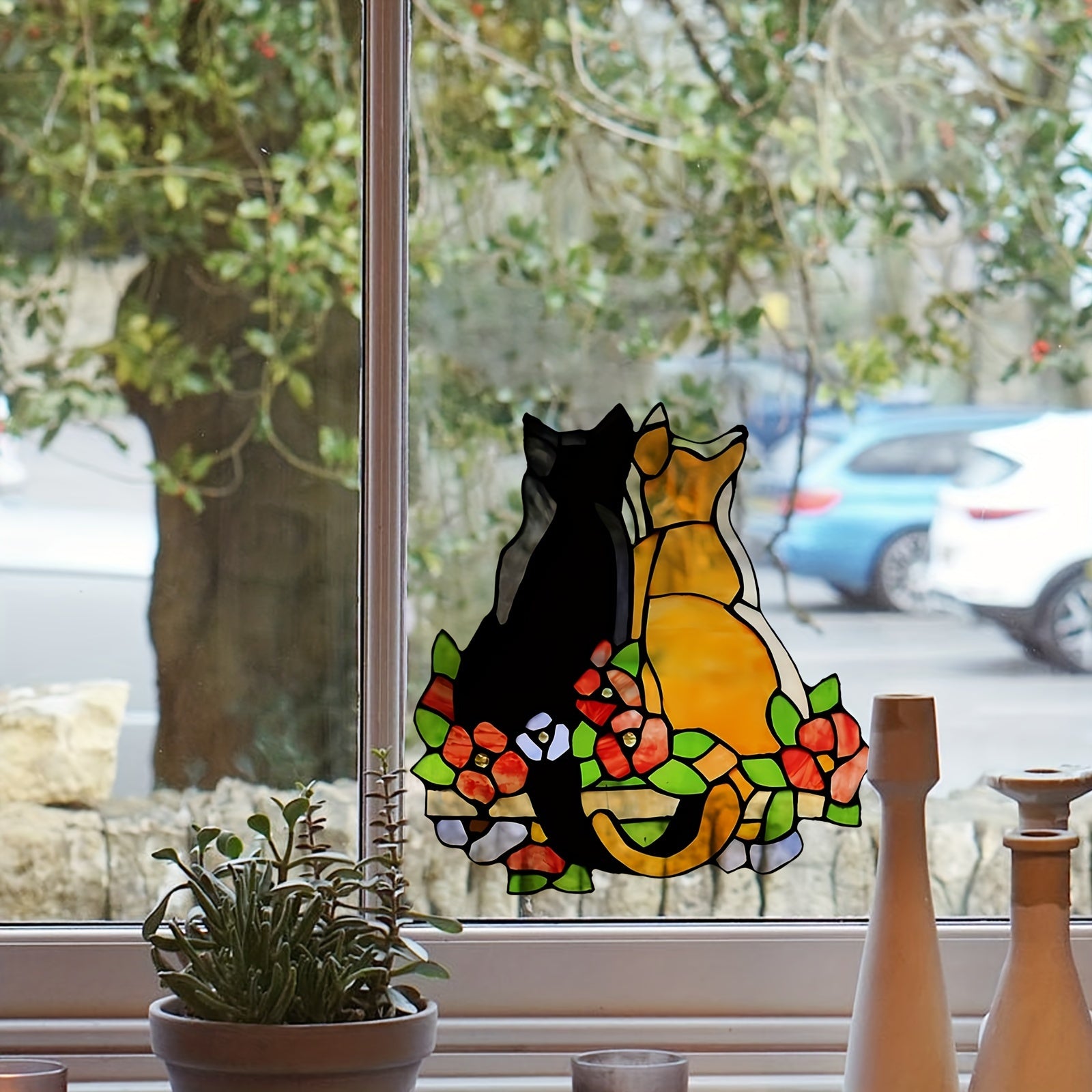 Decorative Stained Glass Window Sticker Black and Orange Cat Flowers 20cm