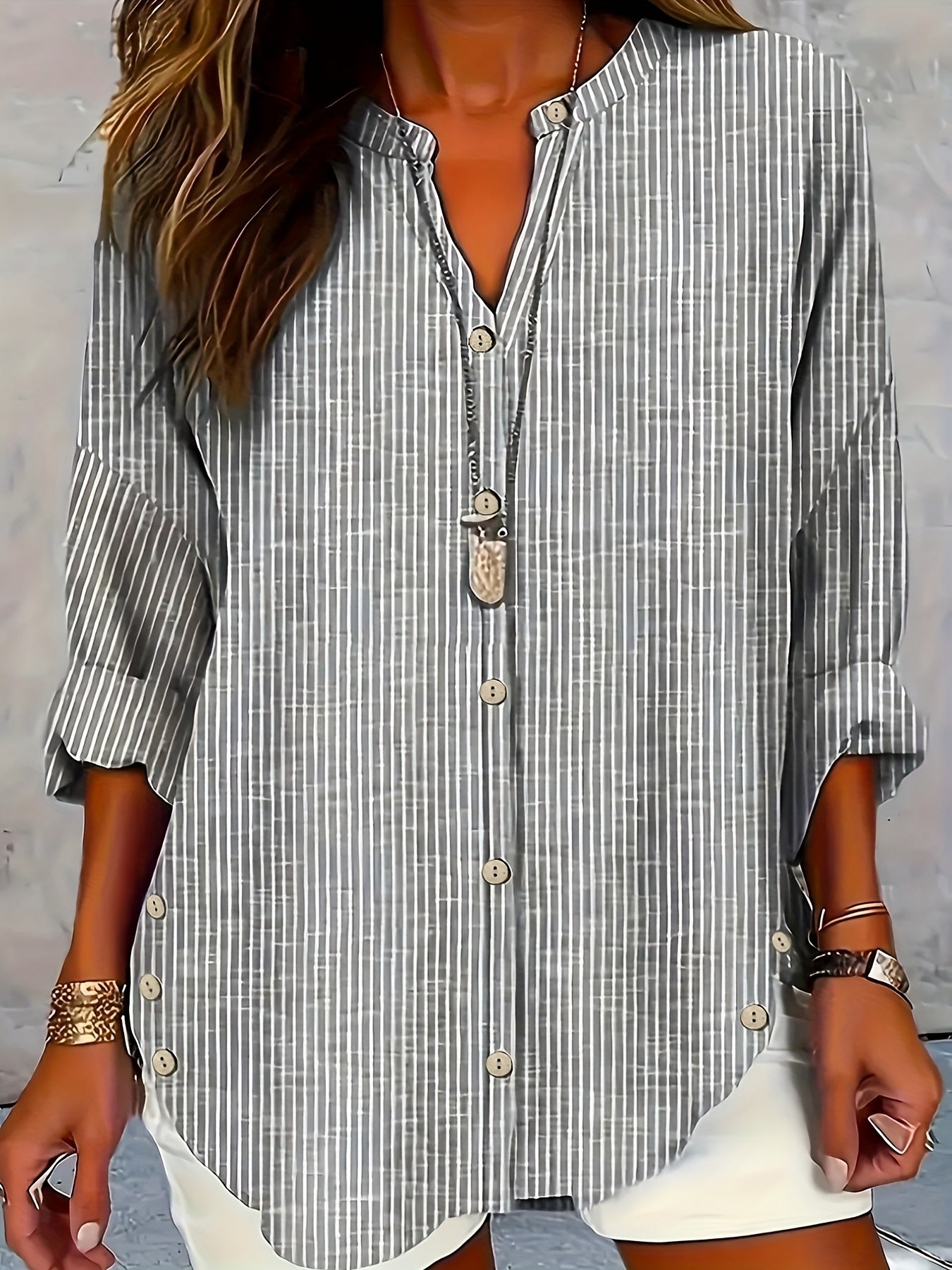 Plus Size Women's V-Neck Long Sleeve Button-Up Shirt Casual Striped Blouse Work Attire