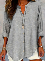 Plus Size Women's V-Neck Long Sleeve Button-Up Shirt Casual Striped Blouse Work Attire