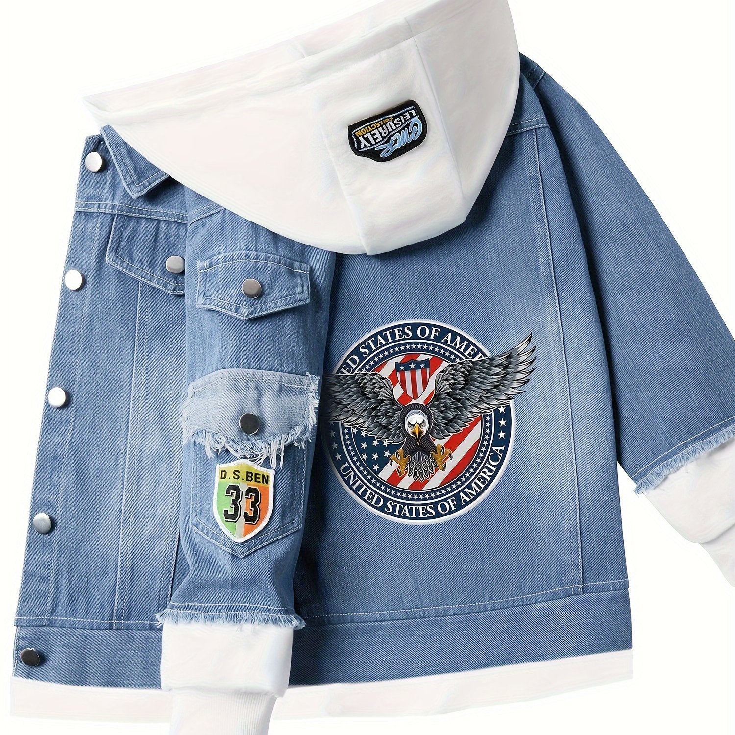Hooded Denim Jacket for Kids with Cartoon Eagle Design Casual Fall Winter