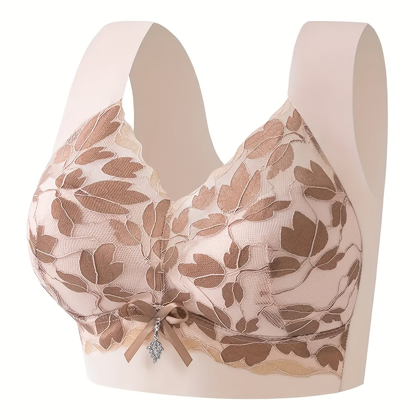 Lingerie Leaf Lace Bra with Bow Accents Wireless Push-Up Wide Strap