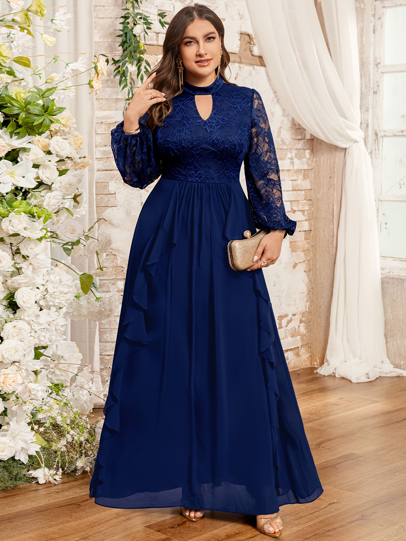 Plus Size Women Long Gown Lace Ruffled Hem Formal Evening Dress