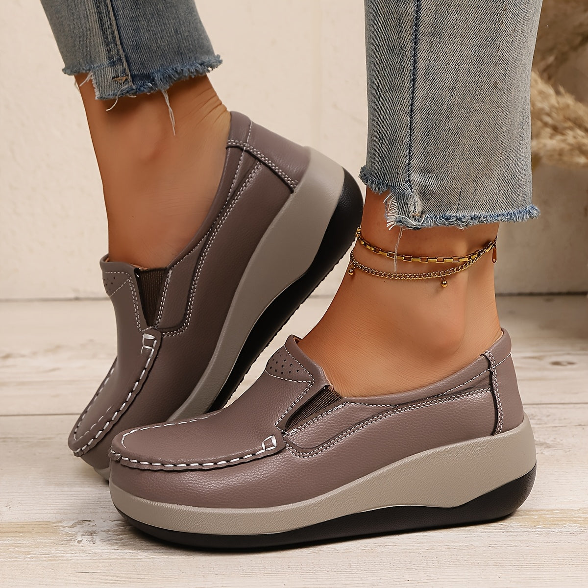 Women's Wedge Loafers Leather Comfortable Elegant Footwear