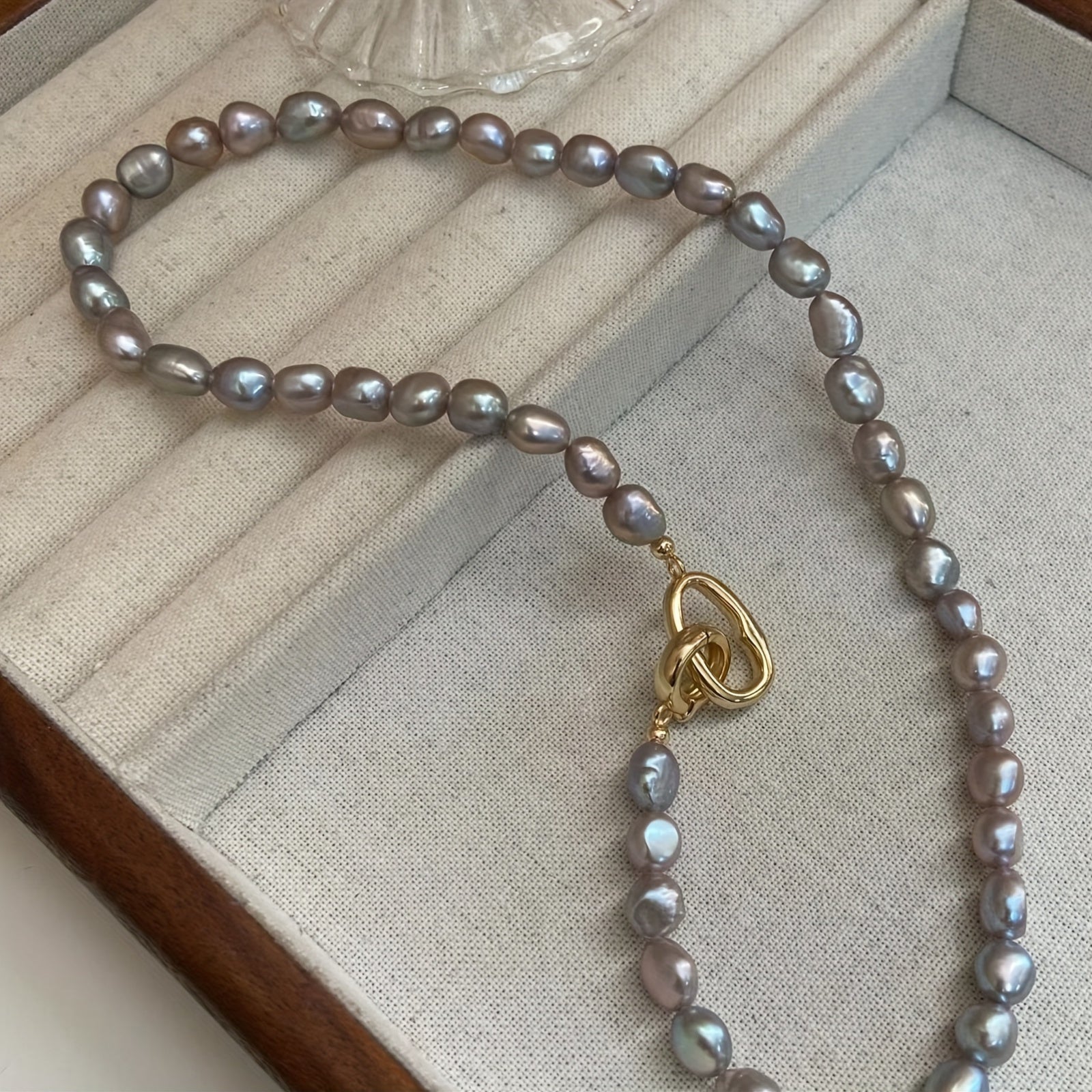 Grey Pearl Necklace with 18K Gold Plated Clasp French Artisan Elegant Statement Jewelry