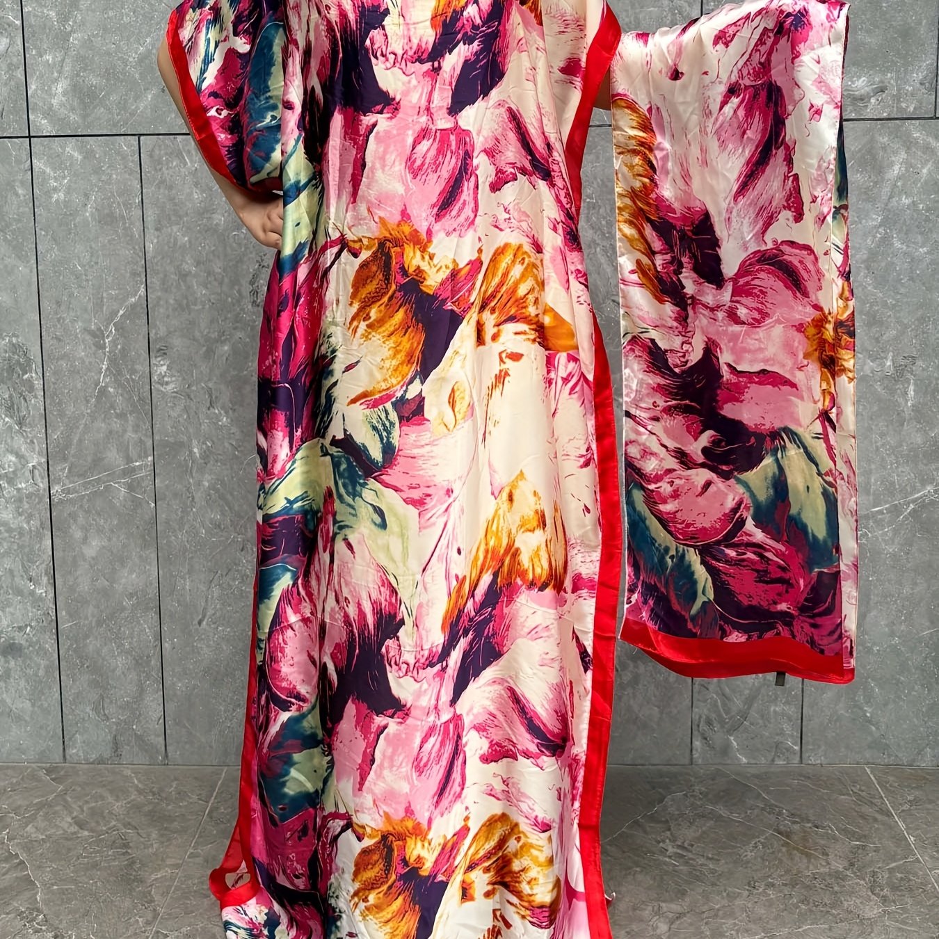 Plus Size Turkish Robe With Scarf Floral Print Batwing Sleeves