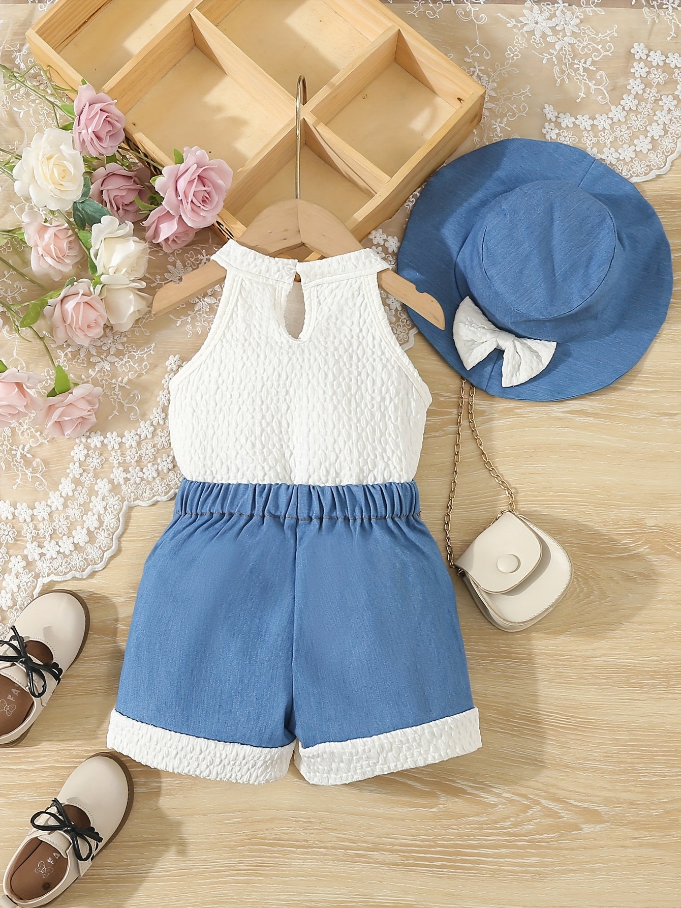 Qizlar uchun rangli blokirovka va kamon bezakli 2-qismli yengsiz denim romper. Qulay va zamonaviy yozgi ta'til sovg'asi. Tashqi faoliyatlar uchun ideal.