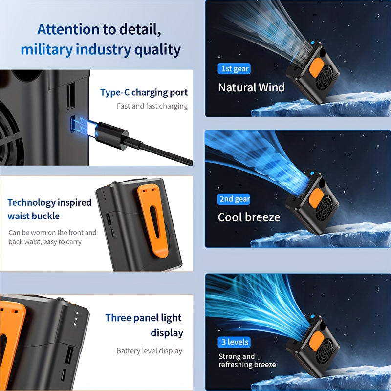 Orange Portable Wearable Neck Fan with Clip-On Design, Long Battery Life, Adjustable Speed