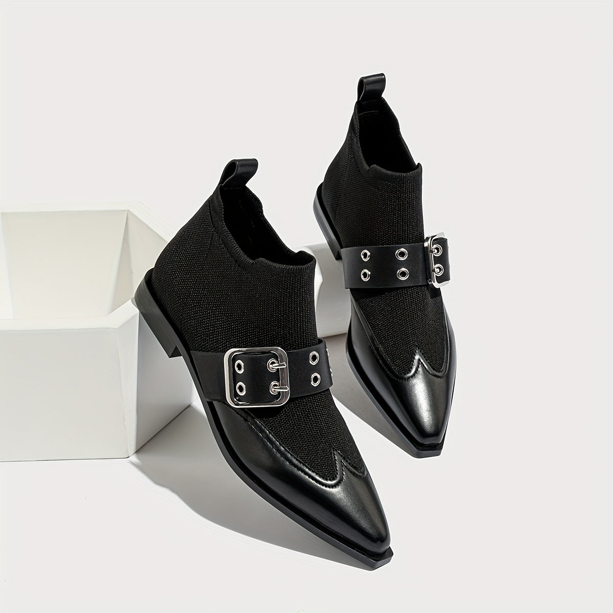 Women's Stretch Slip-On Ankle Booties with Buckle Flat Heel Pointed Toe