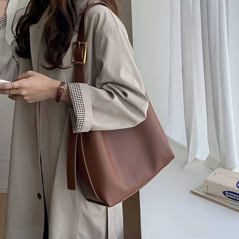 Large Capacity Black PU Tote Bag with Inner Pouch for Women