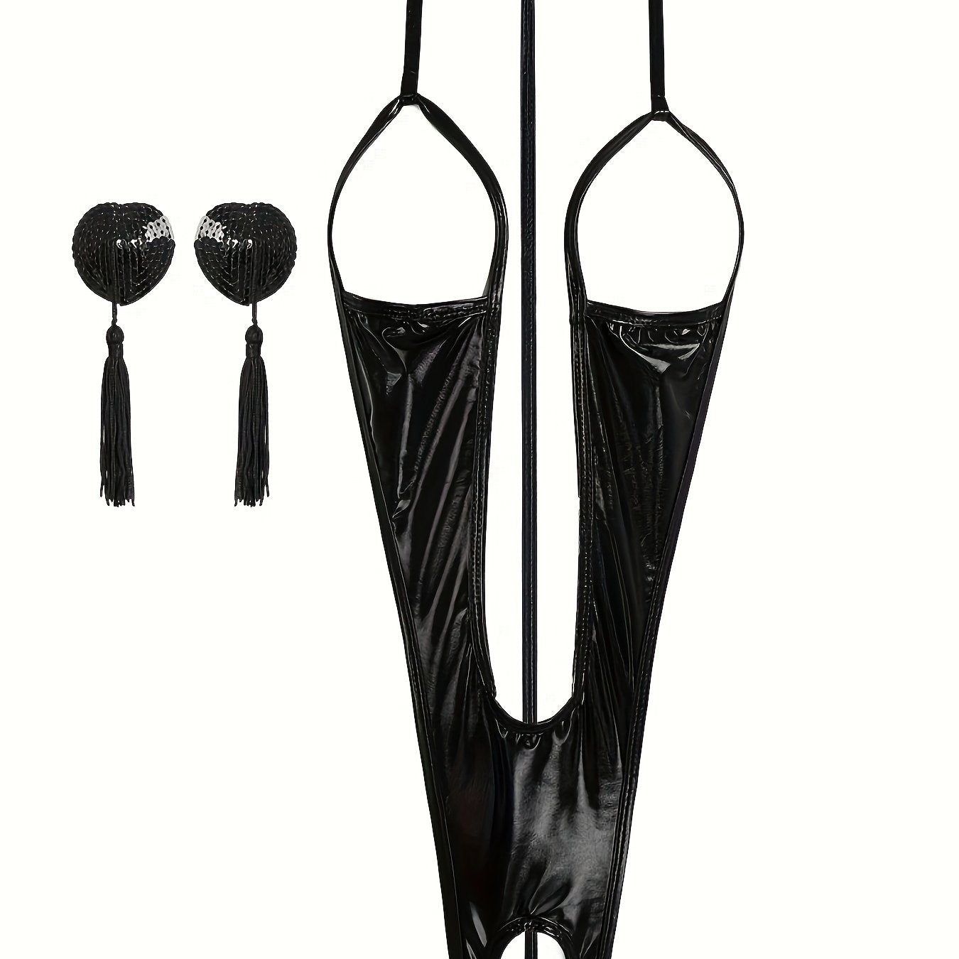 Sexy Glitter PU Leather Teddy with Halter Open Cup and Crotch Lingerie Set