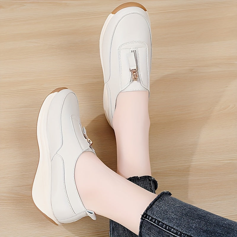 Women’s Zipper Sneakers White Brown Two-Tone Casual Shoes