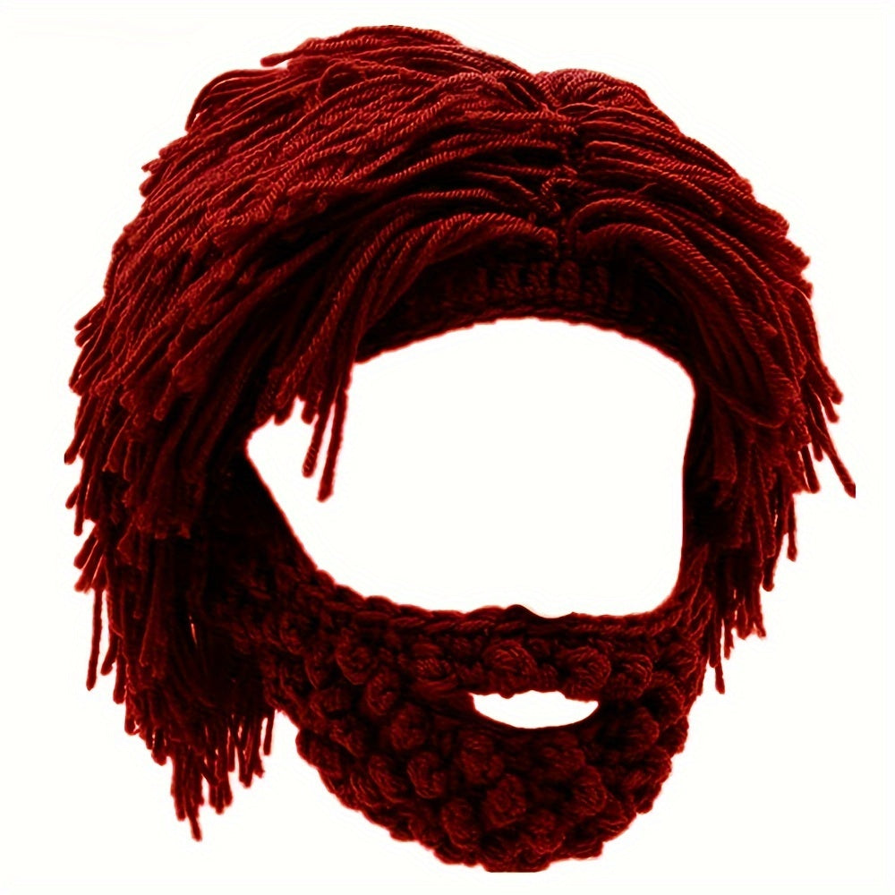 Punk Style Beanie with Attached Straight Hair Wig and Knitted Beard for Parties and Holidays
