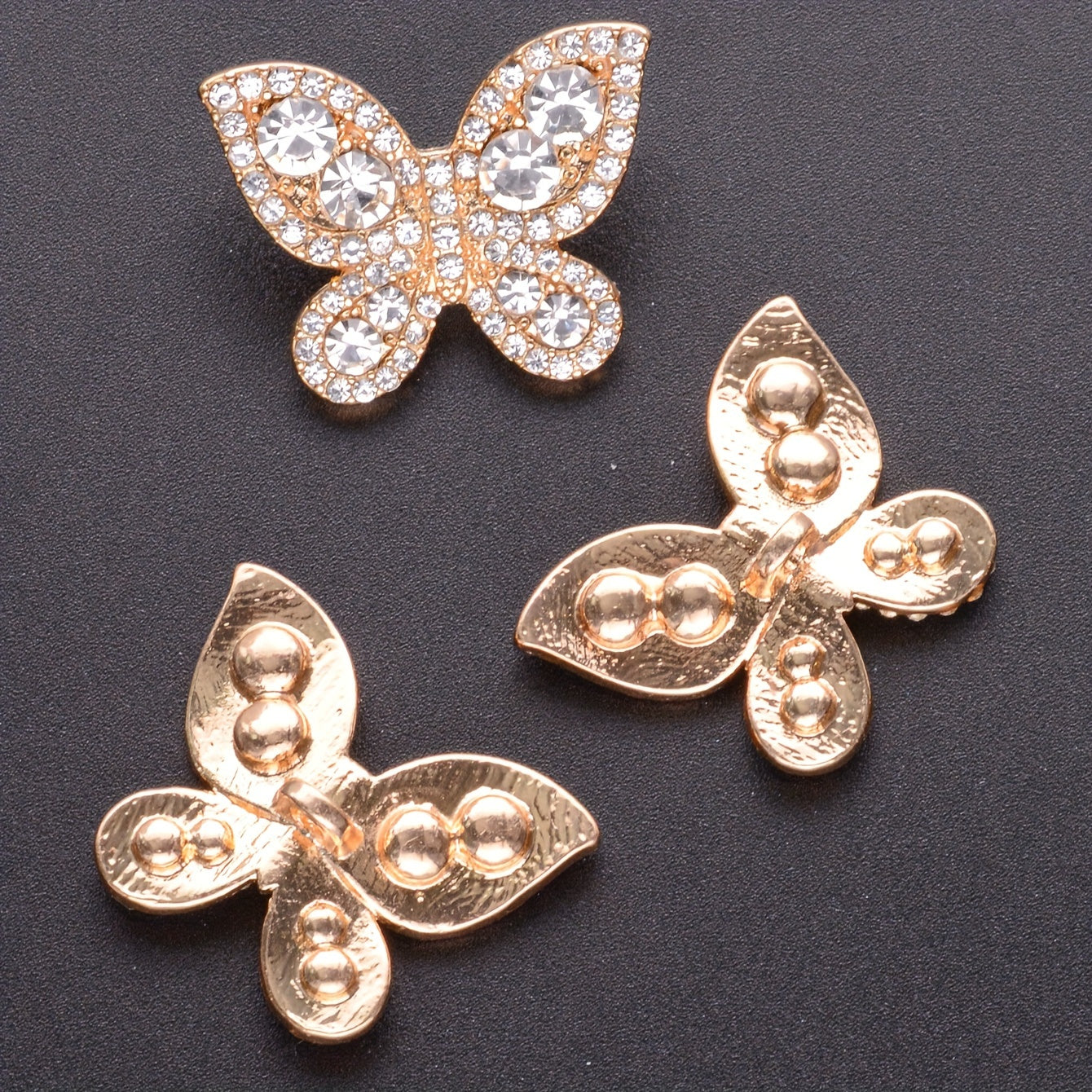 Set of 5 French-Inspired Butterfly Buttons with Rhinestones Metal Alloy Decorative Fasteners for Clothing