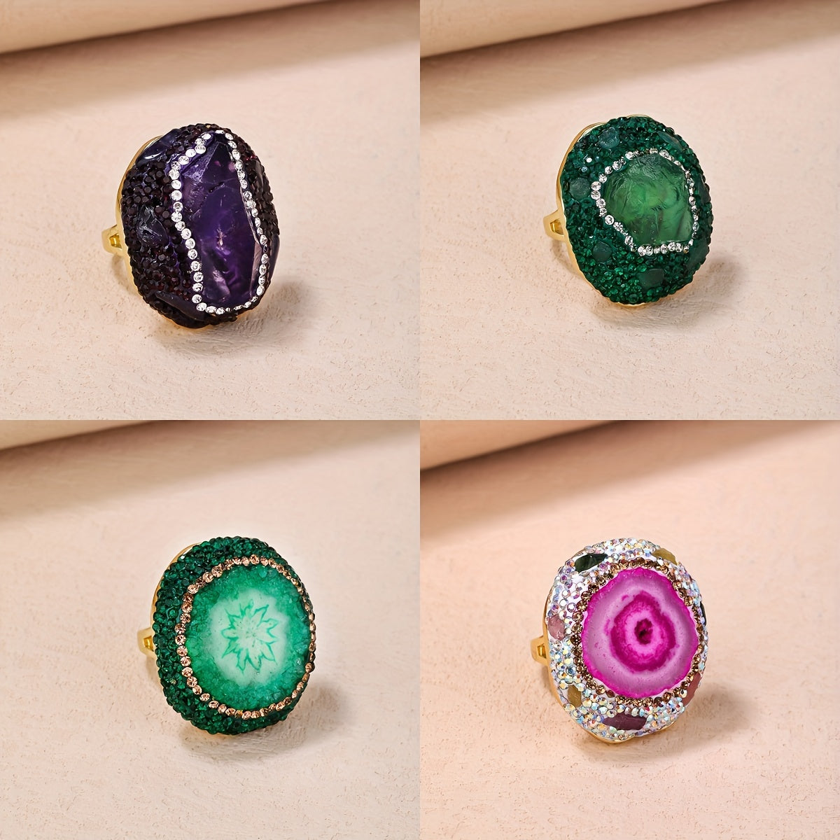 Turli rangdagi tabiiy kristall halqalardan tanlang, ularning o'ziga xos donalari va shakllari mavjud. Toshning energiyasining noaniqligini qabul qiling, chunki u Ona Tabiyatning tabiiy energiyasini o'ziga xos tarzda singdiradi.