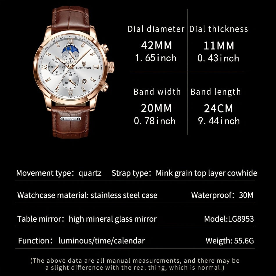 Men's PU Leather Sport Quartz Wristwatch with Chronograph for Men