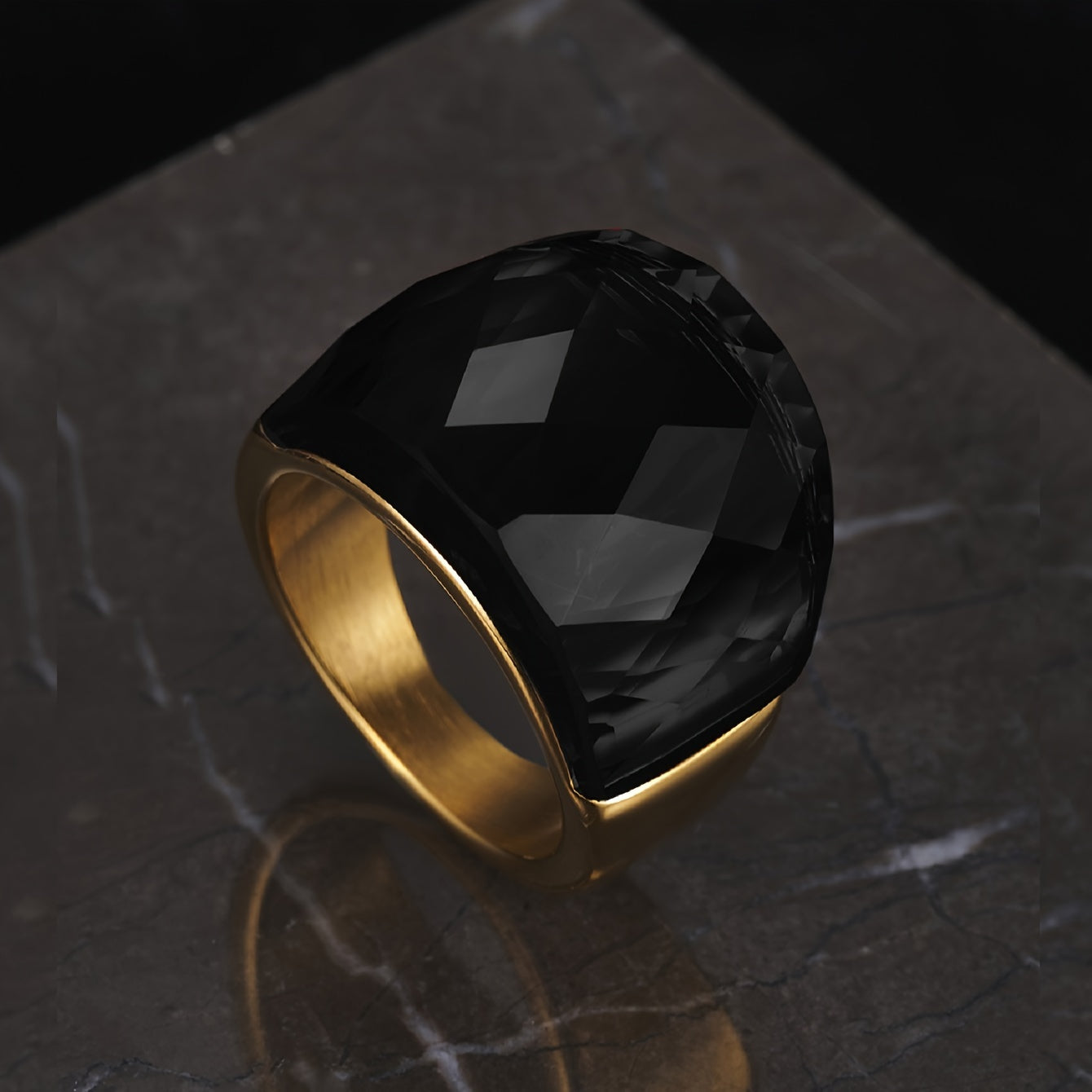 Stainless Steel Ring with Black Synthetic Stone for Men and Women