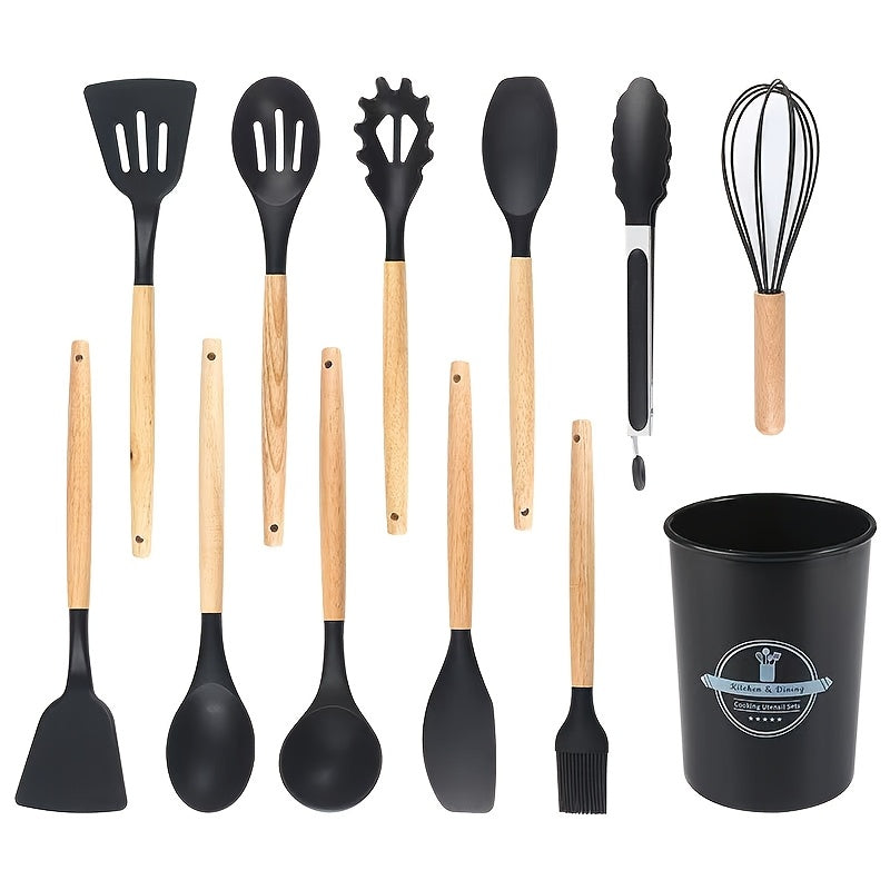 Набор из 12 антипригарных кухонных принадлежностей с подставкой - включает в себя лопатку с деревянной ручкой, щипцы, шпатель и многое другое - идеально подходит для домашних кухонь