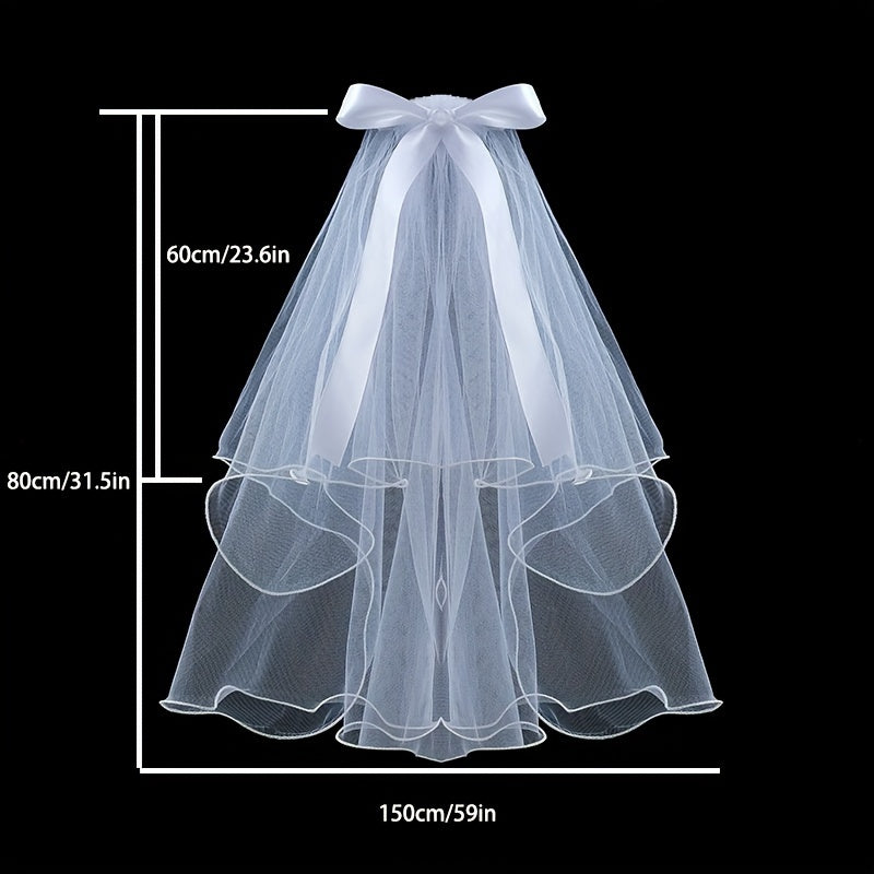 Bridal Veil with 2 Tiers Faux Pearl Ribbon Bow Comb Wedding Headpiece Curly Edge
