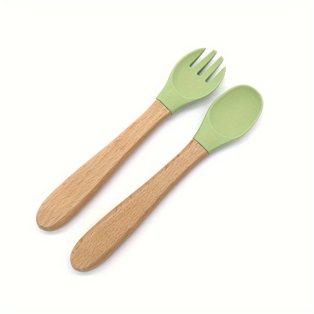 Juego de 2 conjuntos de alimentación para niños con cucharas de silicona y mangos de madera en colores mezclados