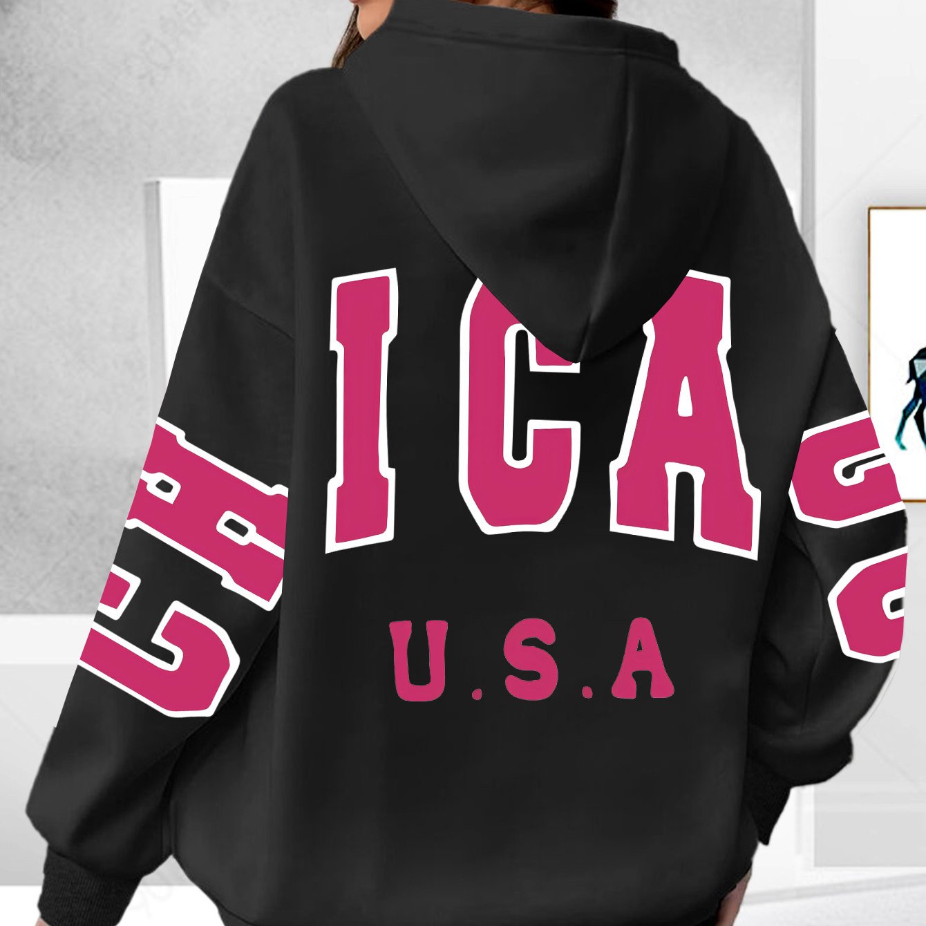 Plus Size Letter Print Hoodie Women's Casual Long Sleeve Drawstring Sweatshirt