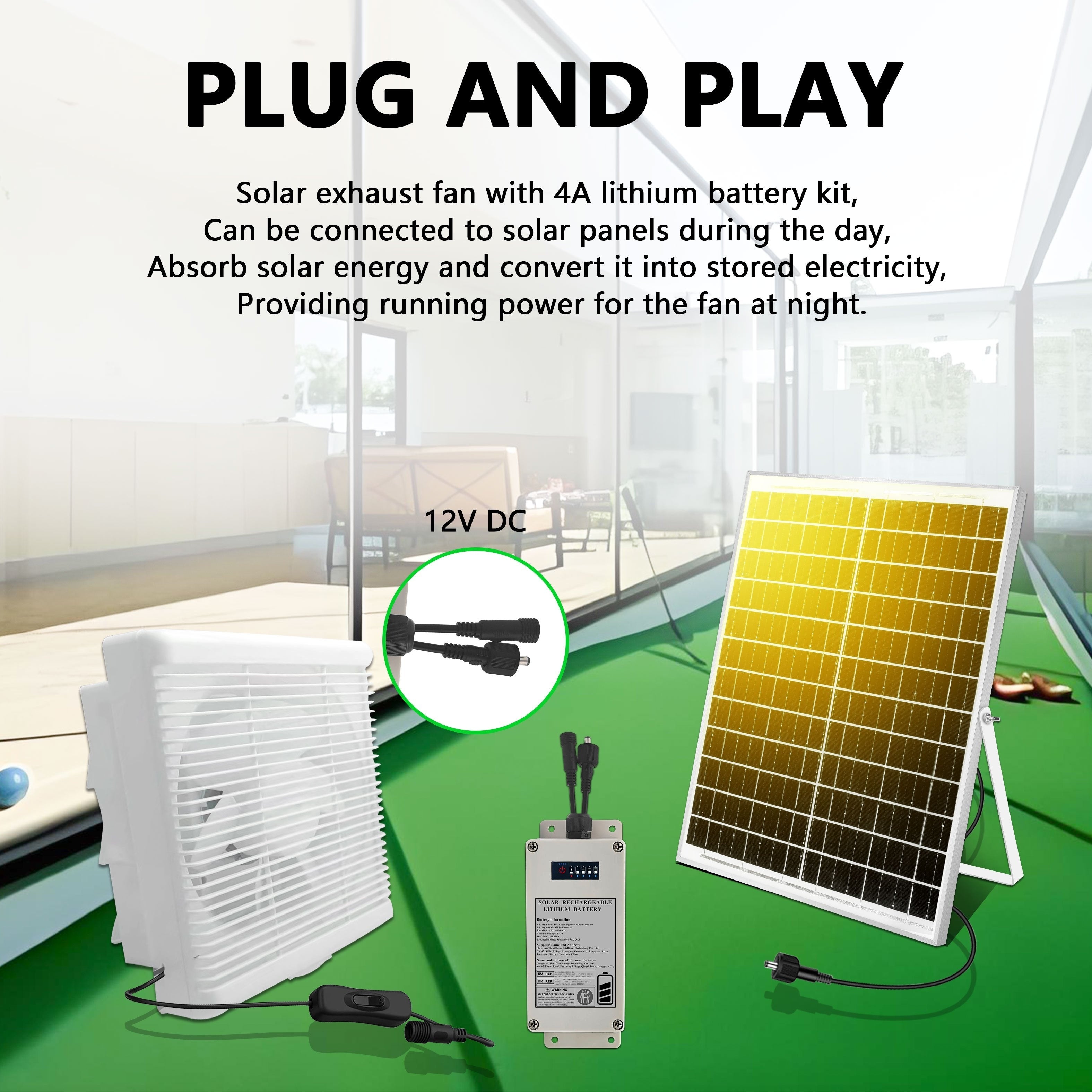 Qayta tiklanadigan batareyali quyoshli ventilyator, 25W quyoshli ventilyator to'plami va 8 dyuymli ventilyator bilan ishlaydi, issiqxona, ichki joylar va kichik binolar uchun mos.
