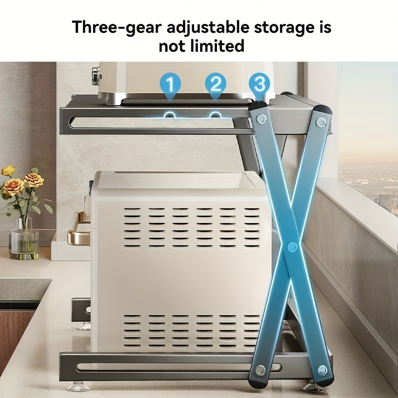 Moslashuvchan joyni tejash dizayni bilan zanglamaydigan po'latdan yasalgan mikroto'lqinli pech uchun javon. Mikroto'lqinli pech va oshxona asosiy buyumlarini saqlash uchun ideal. Bardoshli metall konstruktsiya. O'rnatishni talab qilmaydi.