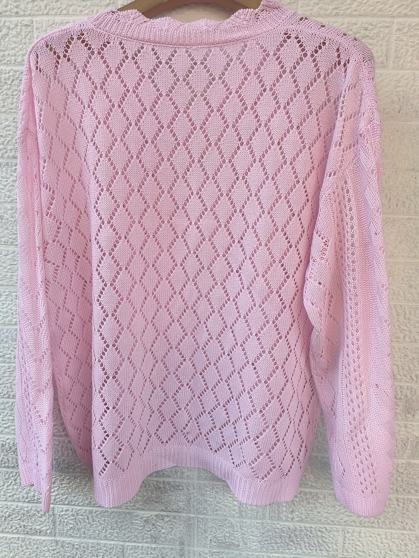 Plus Size Women's V-Neck Cardigan Long Sleeve Hollow-Out Light Pink Casual Sweater
