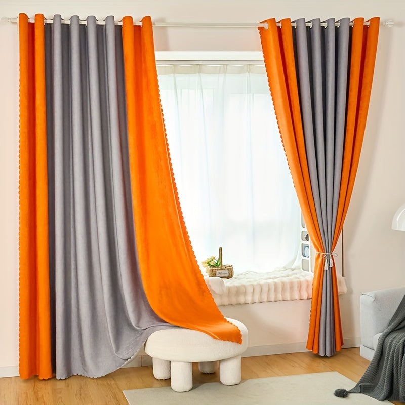 Gray and Orange Jute Patchwork Curtain for Living Room Bedroom 84 Inches