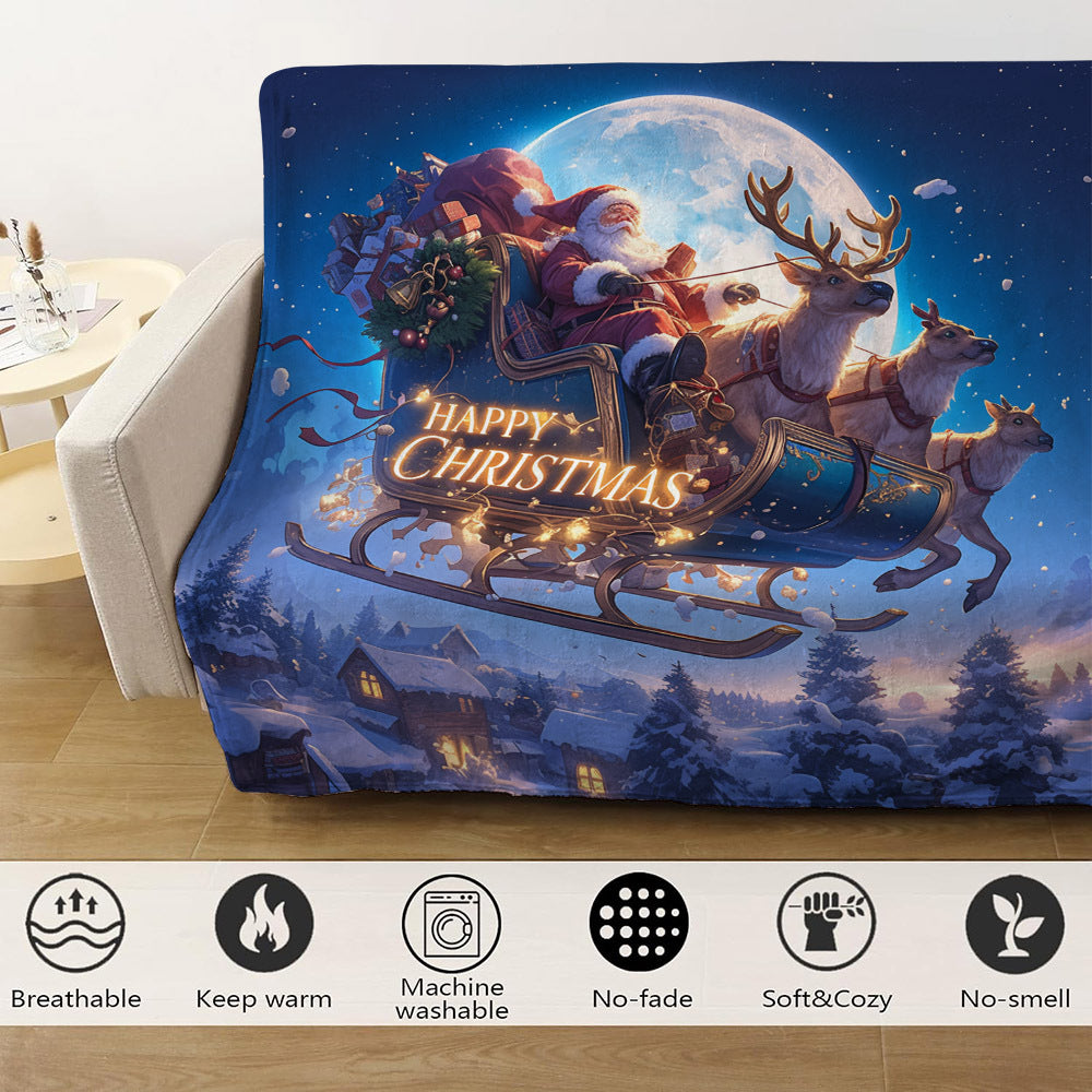 Christmas Santa Sleigh Print Flannel Fleece Throw Blanket All-Season Hypoallergenic for Travel Camping Napping