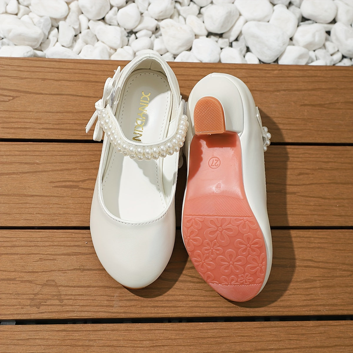 Girls' High Heels with Pearls and Bowknot, Solid Color, Lightweight, Suitable for Weddings and Parties