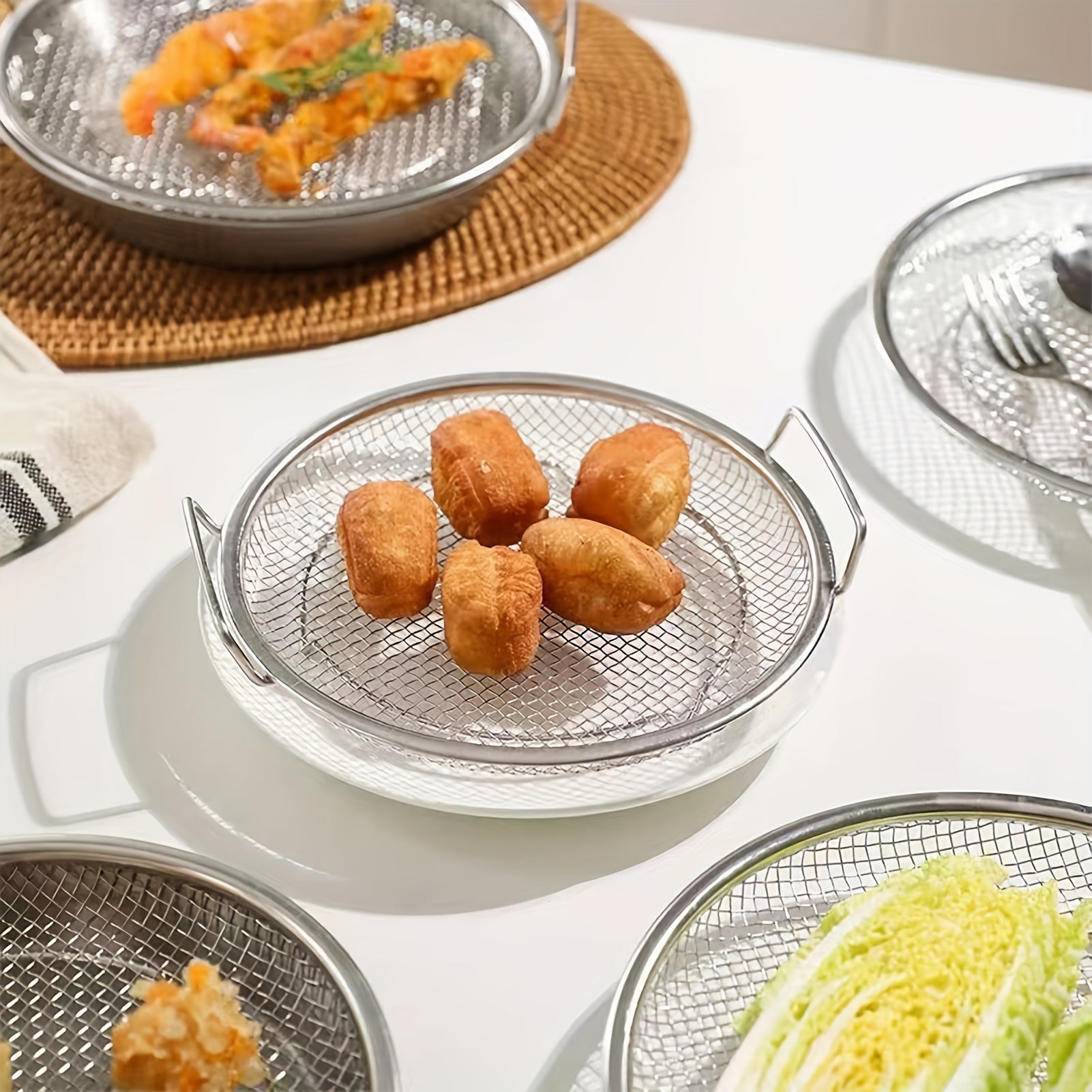 Stainless Steel Food Strainer with Handles for Oil Draining and Cooking