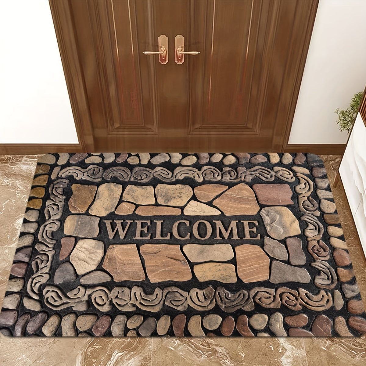 Pebble Print Doormat ichki va tashqi foydalanish uchun, sirpanmaydigan, dog'ga chidamli polyester mato