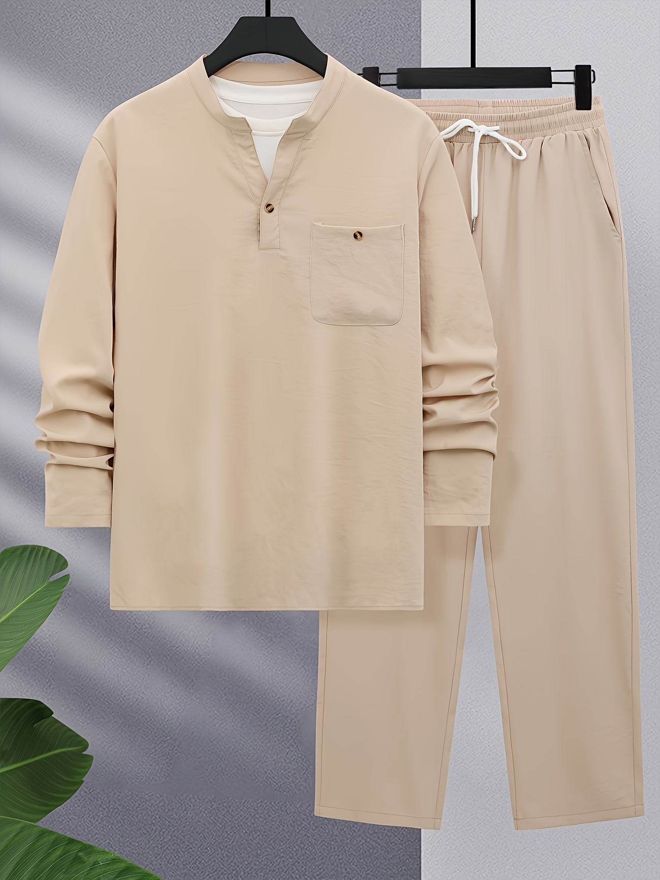 Men's Polyester Casual Sweatsuit with Collared Neck Solid Color Regular Fit Spring Fall