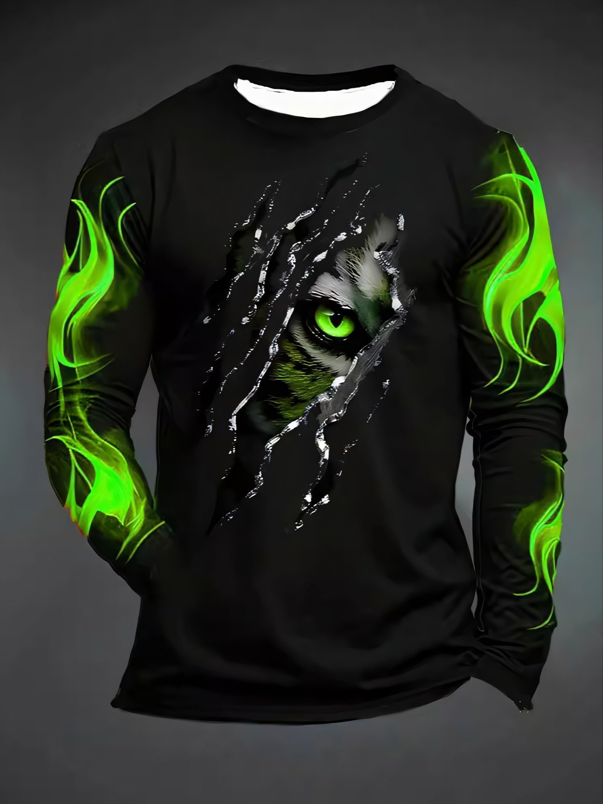 Men's Long Sleeve Crew Neck T-Shirt with Green Eye Flame Pattern Polyester Knit Slim Fit