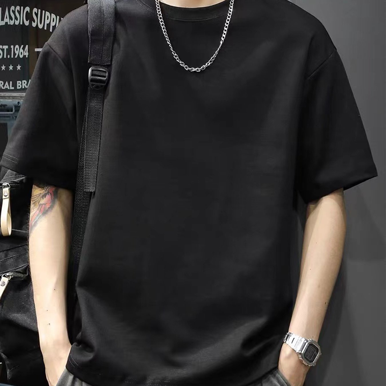 Camiseta de algodón sólida para hombre de manga corta con cuello redondo, ropa casual de verano