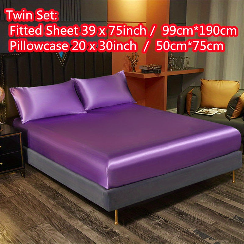 Satin Bedding Set 3 Pieces Fitted Sheet and Pillowcases Solid Color