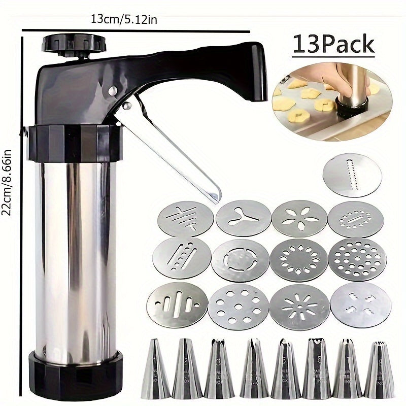 22-Piece Stainless Steel Cookie Press Kit with 13 Discs and 8 Icing Tips for Baking and Decorating
