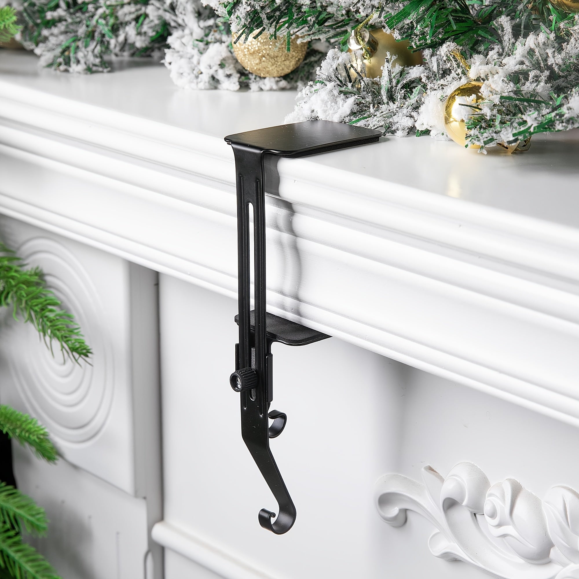 Set of 2 Adjustable Metal Stocking Holders with Non-Slip Pads for Fireplace Mantel