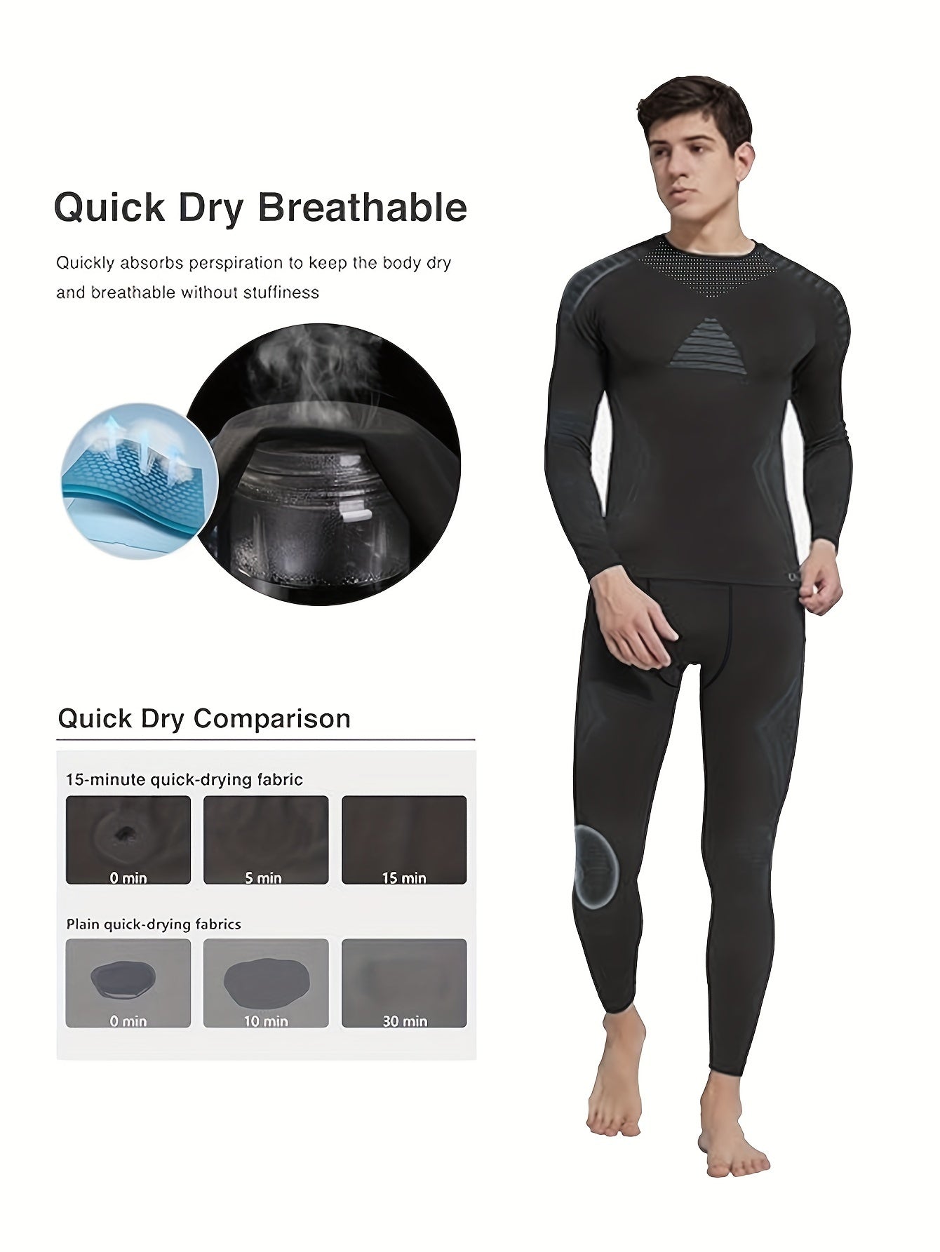 Men's Thermal Compression Set for Fall Winter Plush-Lined Top and Leggings High Stretch Polyester