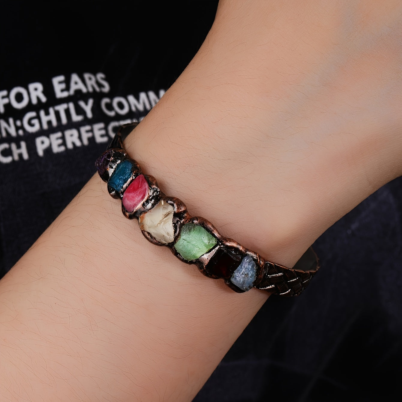 Bohemian Copper Cuff Bracelet with Gemstones and Burnt Welded Design