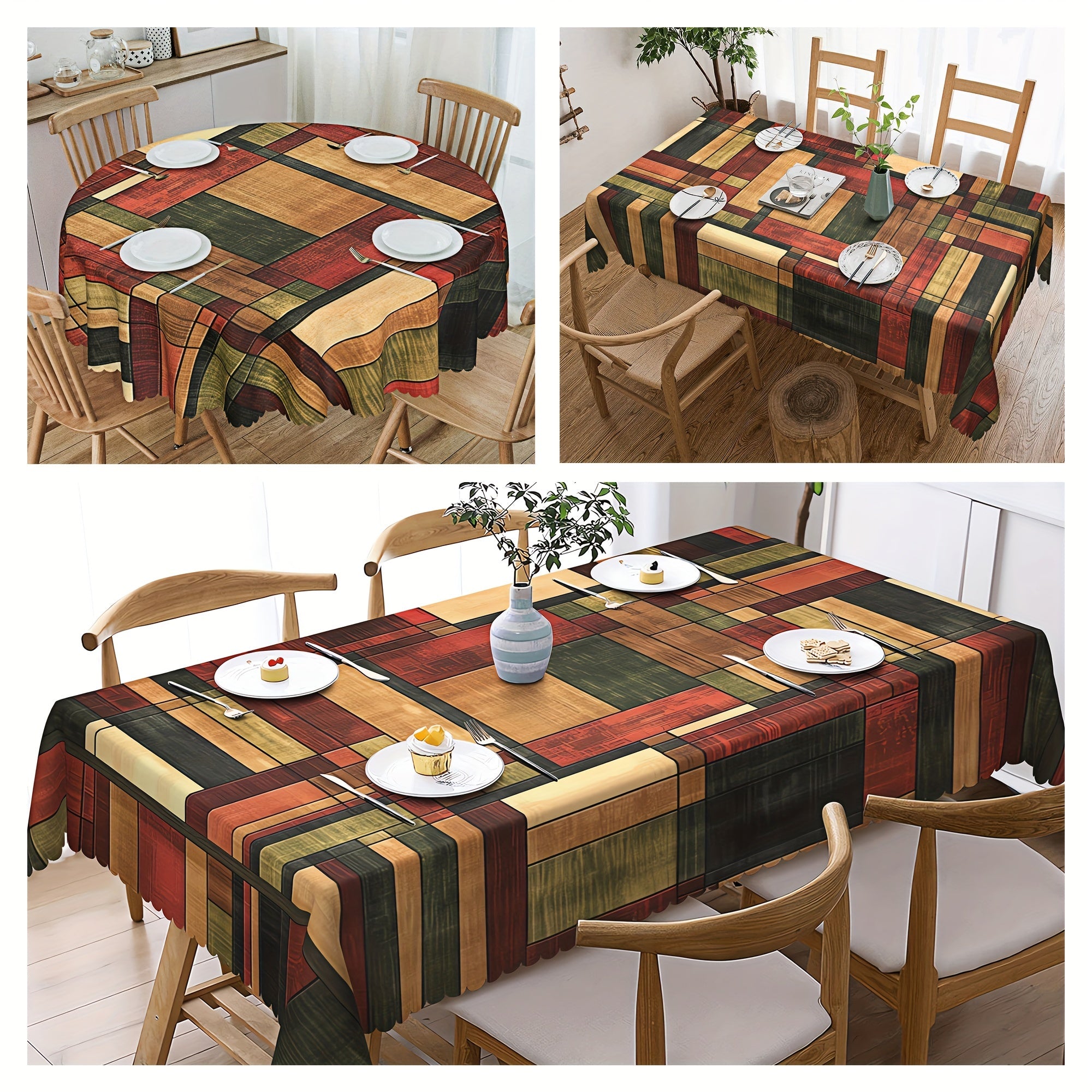 Vintage Multicolor Stripe and Check Waterproof Stain-Resistant Tablecloth for Indoor Outdoor Use