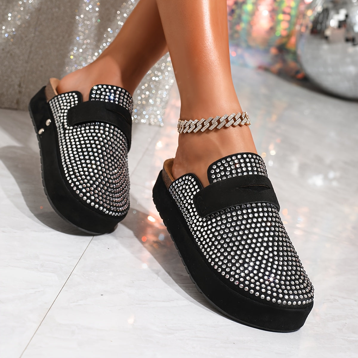 Women's Rhinestone Black Slip-On Mules with Thick Rubber Sole and Round Toe